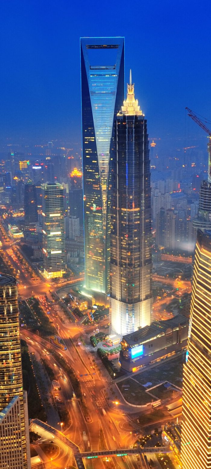 Shanghai aerial view with urban architecture at dusk